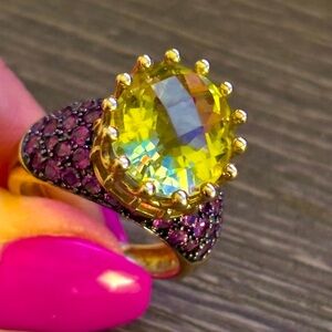 10k yellow gold ring Citrine or lemon quartz pave rhodolite garnet
